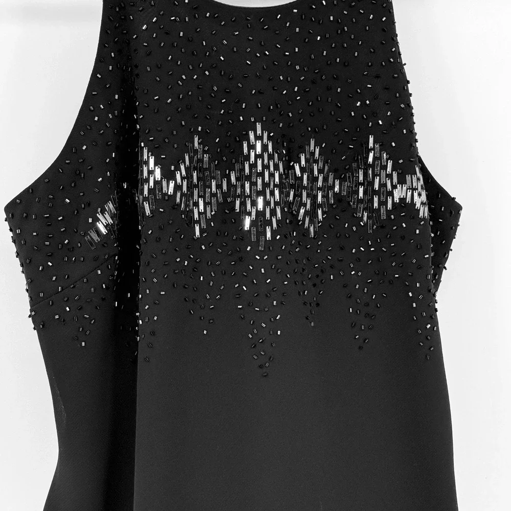 Cachet‎ Black Beaded Maxi Dress Silver Geometric Sequin Halter Gown Size 8